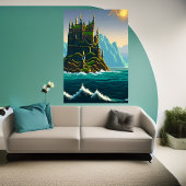 Pixel Art, Castle on rock in the sea | Art der AI Poster