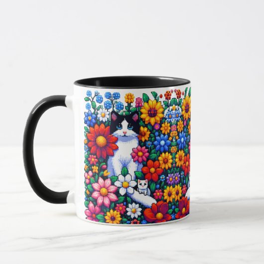 Pixel Art Cat, Kitten und Blume Tasse (Links)