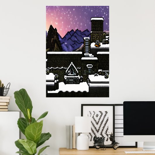 Pixel Art, Dorfstadt im schneebedeckten Berg | Art Poster (Heimbüro)