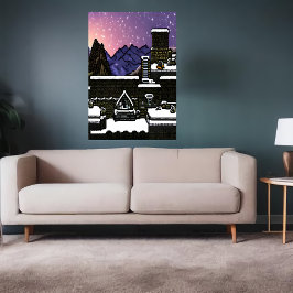 Pixel Art, Dorfstadt im schneebedeckten Berg | Art Poster