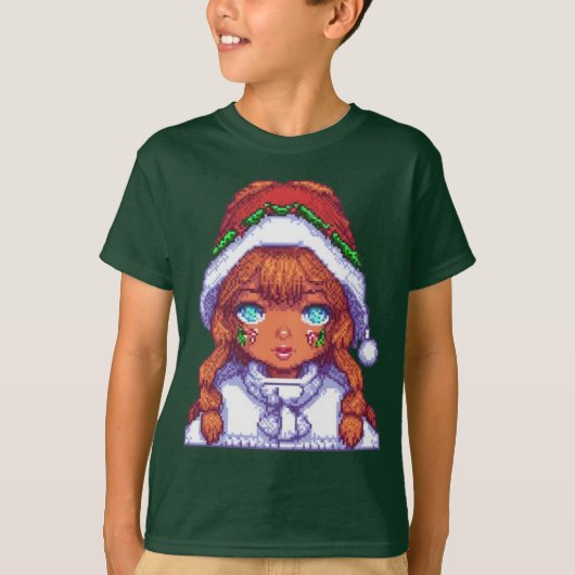 Pixel Art Girl mit Weihnachtsmannmütze T-Shirt (Vorderseite)