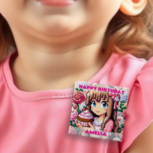 Pixel Art Girl's Pink Birthday Girl Personalisiert Button