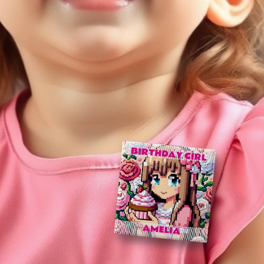 Pixel Art Girl's Pink Birthday Girl Personalisiert Button
