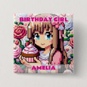 Pixel Art Girl's Pink Birthday Girl Personalisiert Button (Vorderseite)
