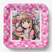 Pixel Art Girl's Pink Birthday Party Personalisier Pappteller (Vorderseite)