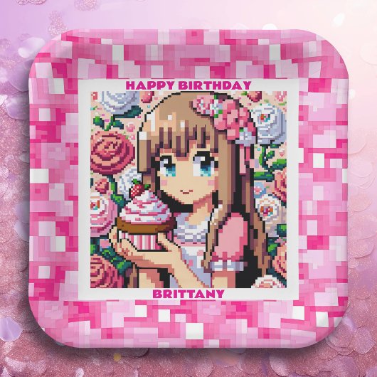 Pixel Art Girl's Pink Birthday Party Personalisier Pappteller