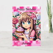 Pixel Art Girls rosa Geburtstagsparty | Farbseite Karte (Vorderseite)