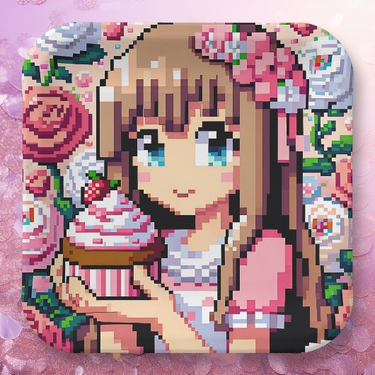 Pixel Art Girls rosa Geburtstagsparty Pappteller