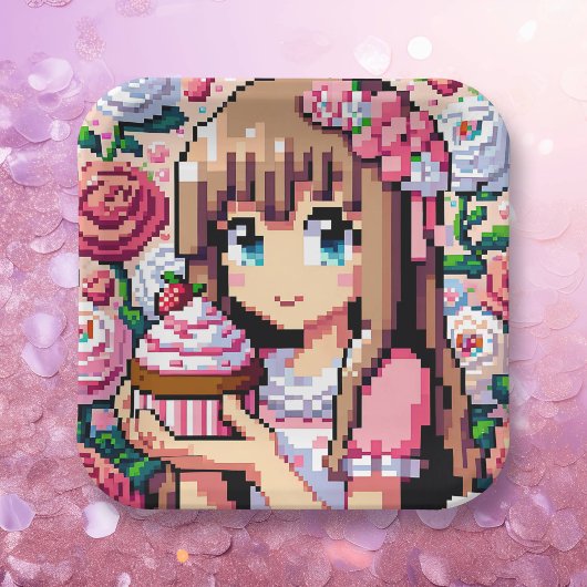 Pixel Art Girls rosa Geburtstagsparty Pappteller