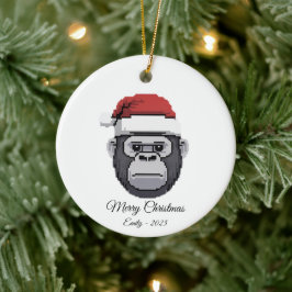 Pixel Art Gorilla Affe Weihnachtsmannhut Geschenk Keramik Ornament