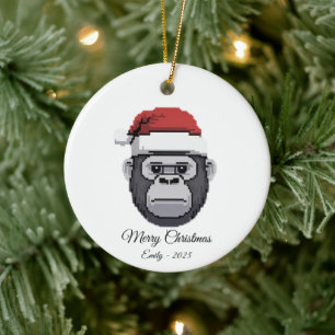 Pixel Art Gorilla Affe Weihnachtsmannhut Geschenk Keramik Ornament