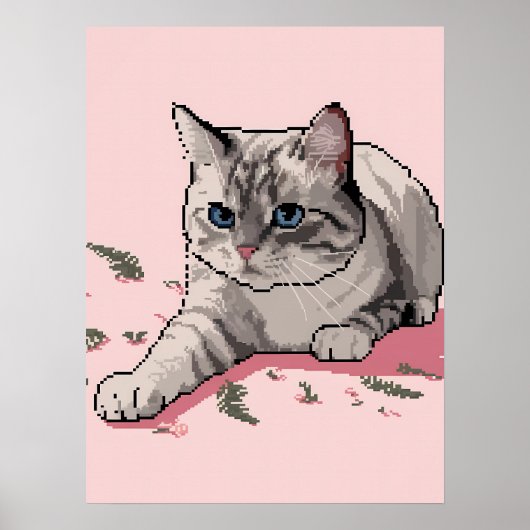 Pixel Art Graue Ragdoll Katze mit blauen Augen Poster (Vorne)