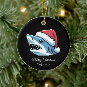 Pixel-Art-Hai-Weihnachtsmannmütze Keramik Ornament