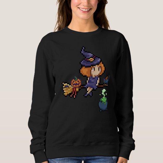 Pixel Art Halloween Hexe auf Broomstick mit Cat Sweatshirt (Vorderseite)