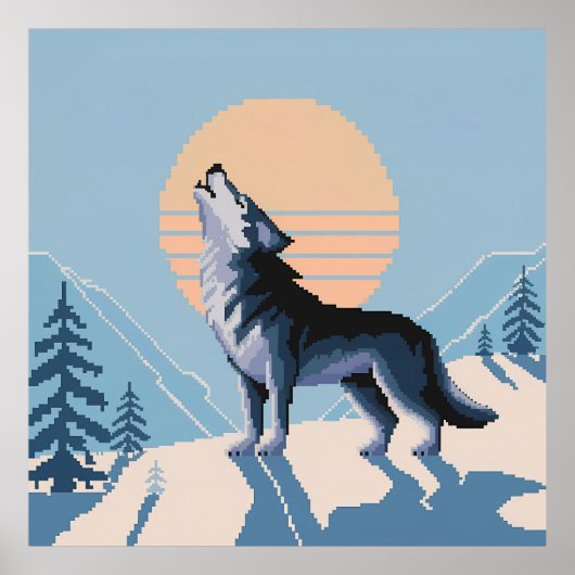 Pixel Art Howling Wolf bei Sunset Poster (Vorne)