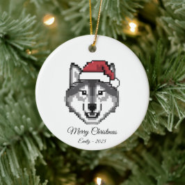 Pixel Art Husky Hund Weihnachtsmann Hut Weihnachts Keramik Ornament