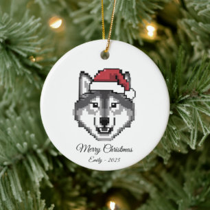 Pixel Art Husky Hund Weihnachtsmann Hut Weihnachts Keramik Ornament