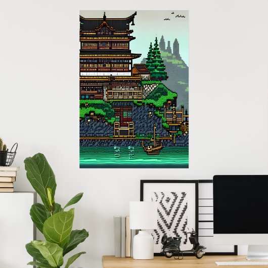 Pixel Art, Japanesstadt | AI Art Poster (Heimbüro)