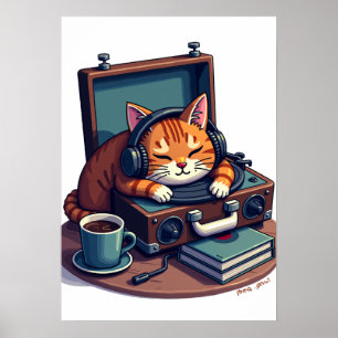 Pixel-Art-Katze Kopfhörer Vinyl-Schallplatten Müde Poster
