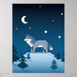 Pixel Art Lone Wolf unter dem Mond Poster