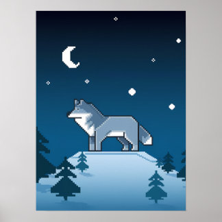 Pixel Art Lone Wolf unter dem Mond Poster