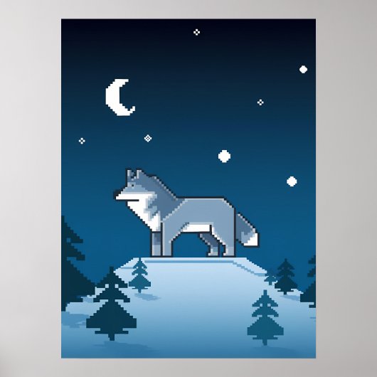 Pixel Art Lone Wolf unter dem Mond Poster (Vorne)