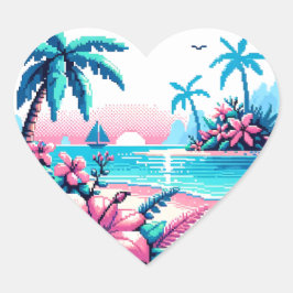 Pixel Art Ocean Pink und Blue Tropical Art Herz-Aufkleber