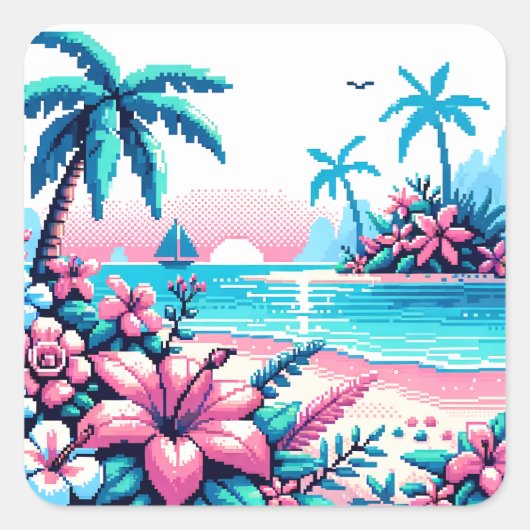 Pixel Art Ocean Pink und Blue Tropical Art Quadratischer Aufkleber (Vorderseite)