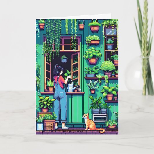 Pixel Art Pflanze Lover Birthday | Farbseite Karte (Vorderseite)