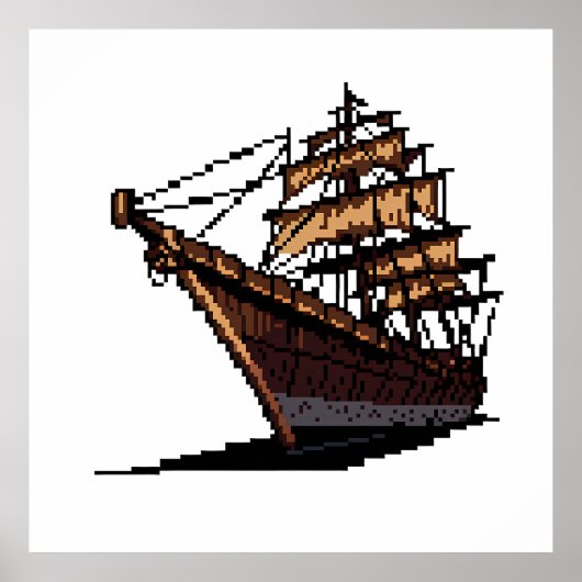 Pixel Art Pirate Ship on Grey Background Poster (Vorne)