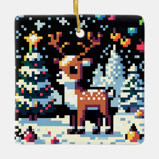 Pixel Art Reindeer in Schneehocht Keramikornament (Vorderseite)
