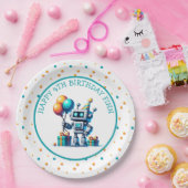 Pixel Art Robot in Orange und Aquamarinen Geburtst Pappteller (Party)