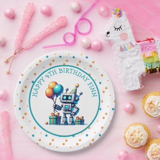 Pixel Art Robot in Orange und Aquamarinen Geburtst Pappteller (Party)