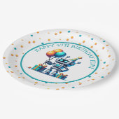 Pixel Art Robot in Orange und Aquamarinen Geburtst Pappteller (Schrägansicht)