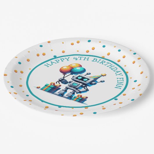 Pixel Art Robot in Orange und Aquamarinen Geburtst Pappteller (Schrägansicht)