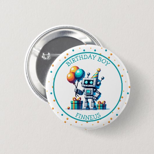 Pixel Art Robot in Orange und Aquamariner Geburtst Button (Vorne & Hinten)