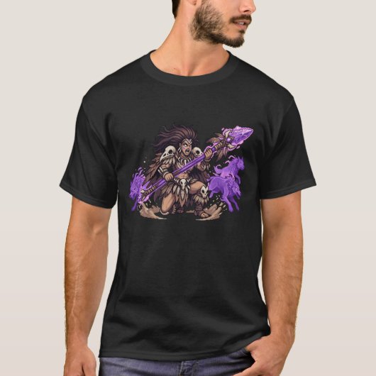Pixel Art Schamane Krieger mit Geist Wölfen Fantas T-Shirt (Vorderseite)