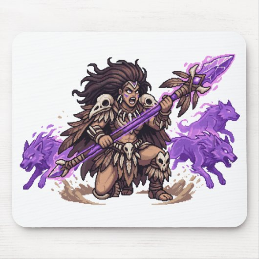 Pixel-Art-Schamane-Krieger mit Geistwölfen Fantasi Mousepad (Vorne)