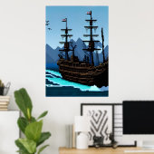 Pixel Art, Schiff auf dem Ozean | AI Art Poster (Heimbüro)