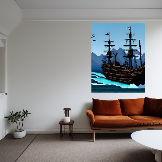 Pixel Art, Schiff auf dem Ozean | AI Art Poster