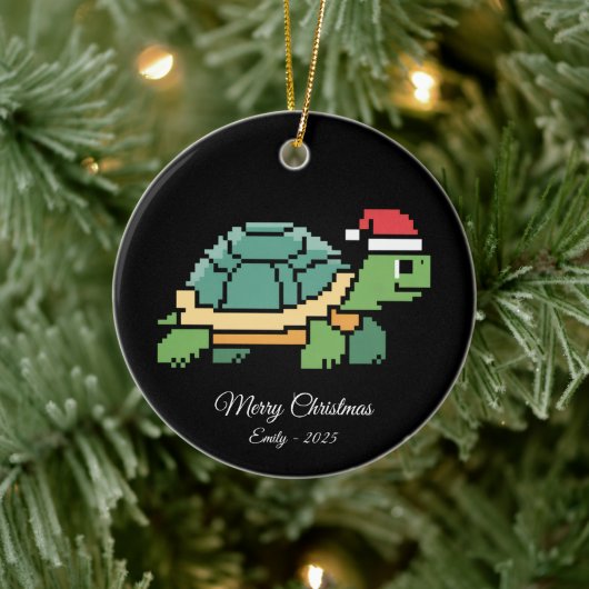 Pixel-Art-Schildkröte Santa-Mütze Keramik Ornament (Baum)