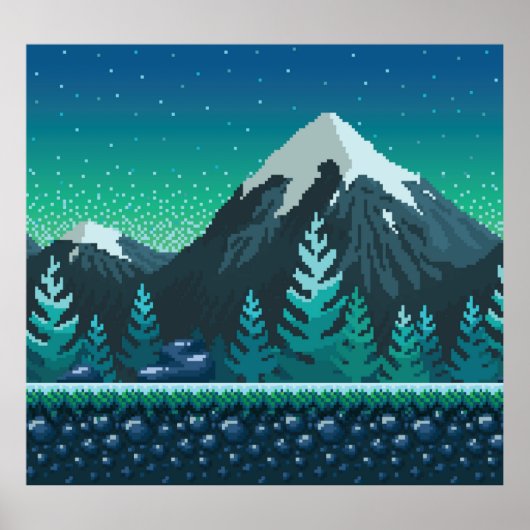 Pixel Art: Schneeberge Nacht. Poster (Vorne)