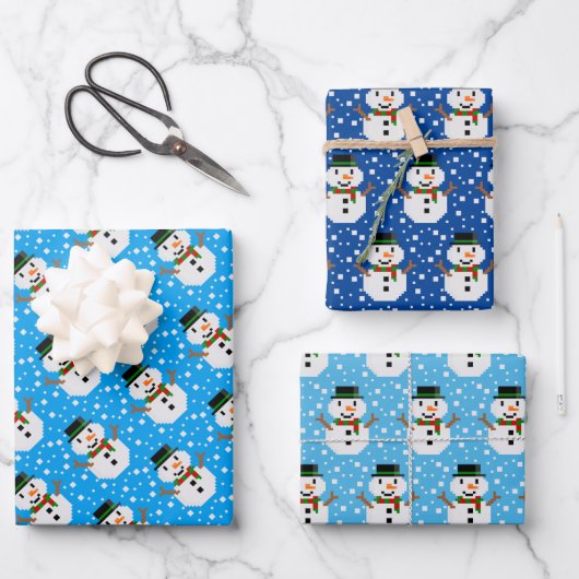 Pixel Art SNOWMAN Geschenkpapier Set (Vorderseite)