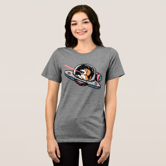 Pixel Art Space Hund - Laser Blaster Pilot Tri-Blend Shirt (Vorderseite voll)