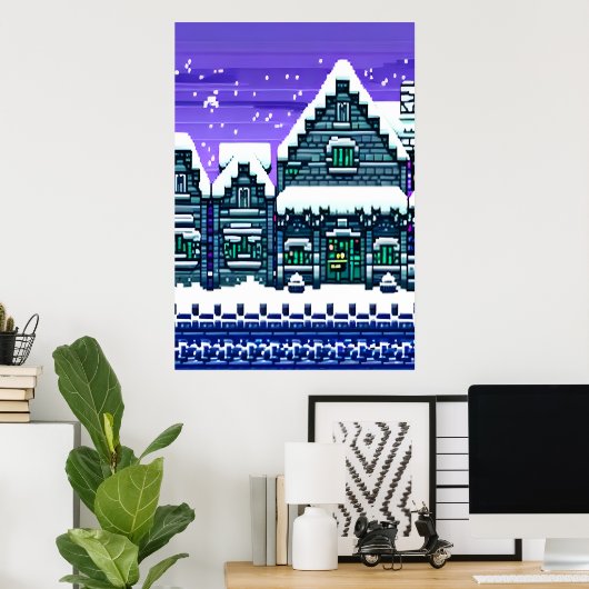 Pixel Art, Stadt im Schnee | AI Art Poster (Heimbüro)