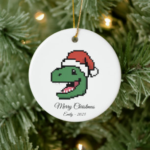 Pixel-Art-T-Rex-Dinosaur-Santa-Hut-Weihnachtsgesch Keramik Ornament