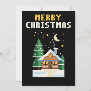 Pixel-Art-Weihnachtskarte mit schneebedeckter Hütt Feiertagskarte