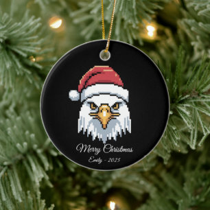 Pixel Art Weißkopfseeadler mit Santa-Mütze Keramik Ornament