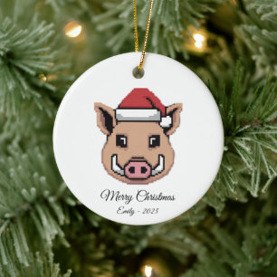 Pixel Art Wildschwein Warzenschwein Weihnachtsmann Keramik Ornament
