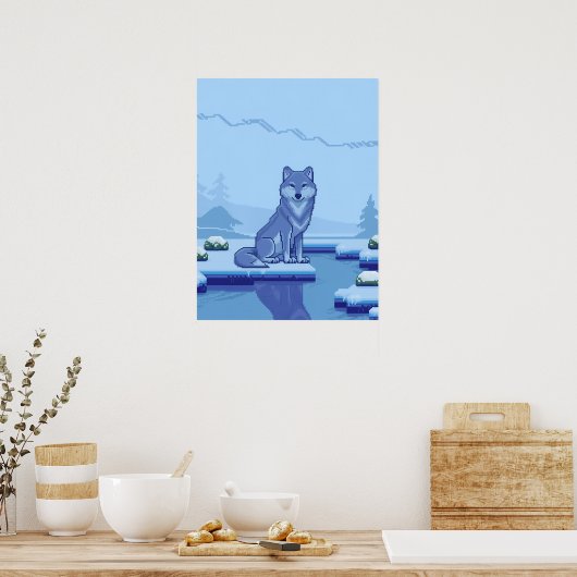 Pixel Art Wolf in einer verschneiten Landschaft Poster (Küche)